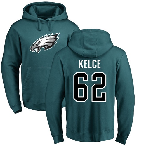 Men Philadelphia Eagles #62 Jason Kelce Green Name and Number Logo NFL Pullover Hoodie Sweatshirts->nfl t-shirts->Sports Accessory